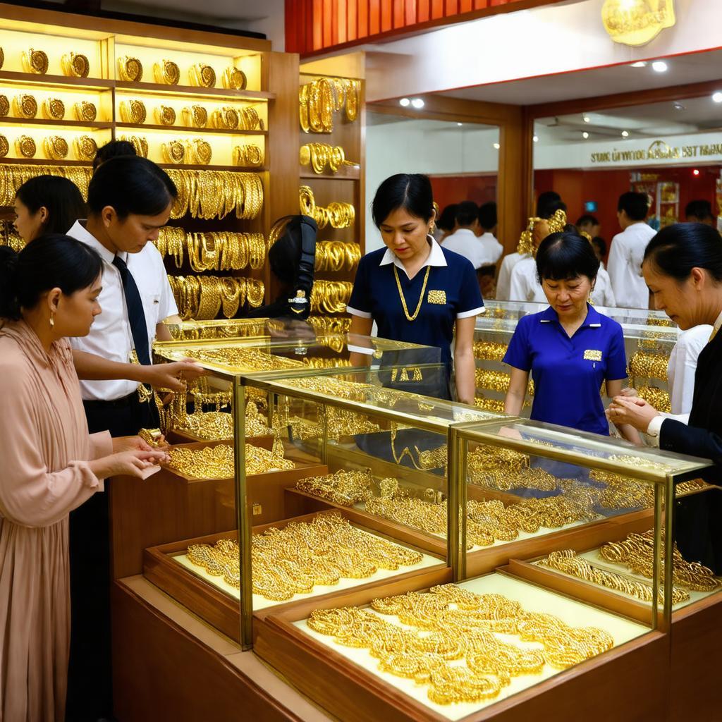 Khách hàng đang được nhân viên tư vấn về vàng và trang sức tại tiệm vàng.